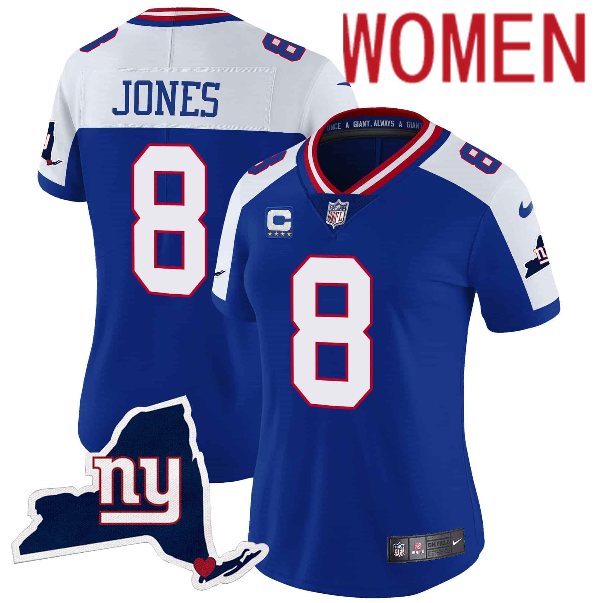 Women New York Giants #8 Jones Blue 2024 Nike Map Patch Limited NFL Jersey->customized nfl jersey->Custom Jersey